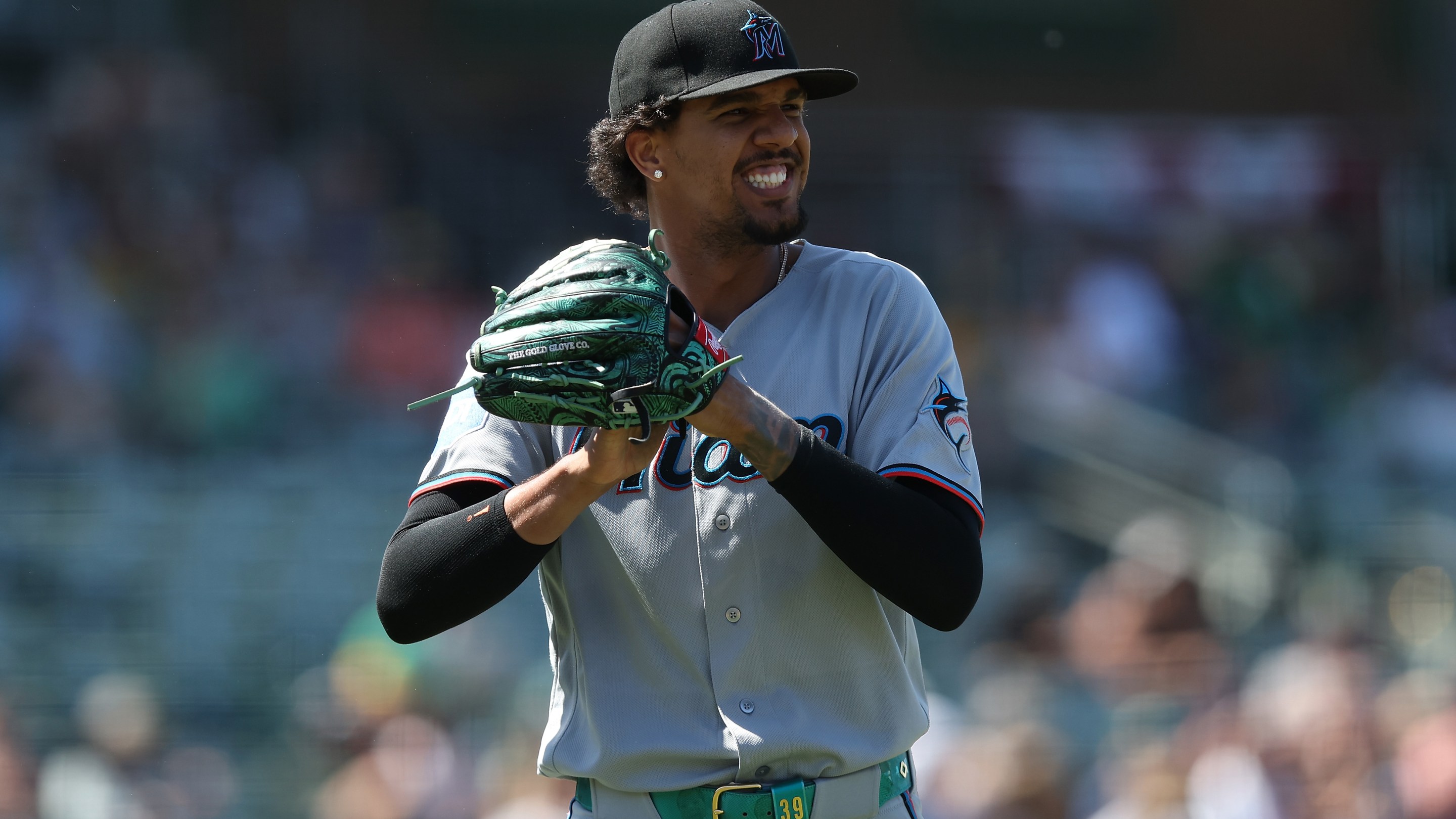 Eury Perez #39 of the Miami Marlins reacts after an out in the bottom of the sixth inning against the Athletics at Sutter Health Park on July 05, 2026 in Sacramento, California. (Photo by Lachlan Cunningham/Getty Images)