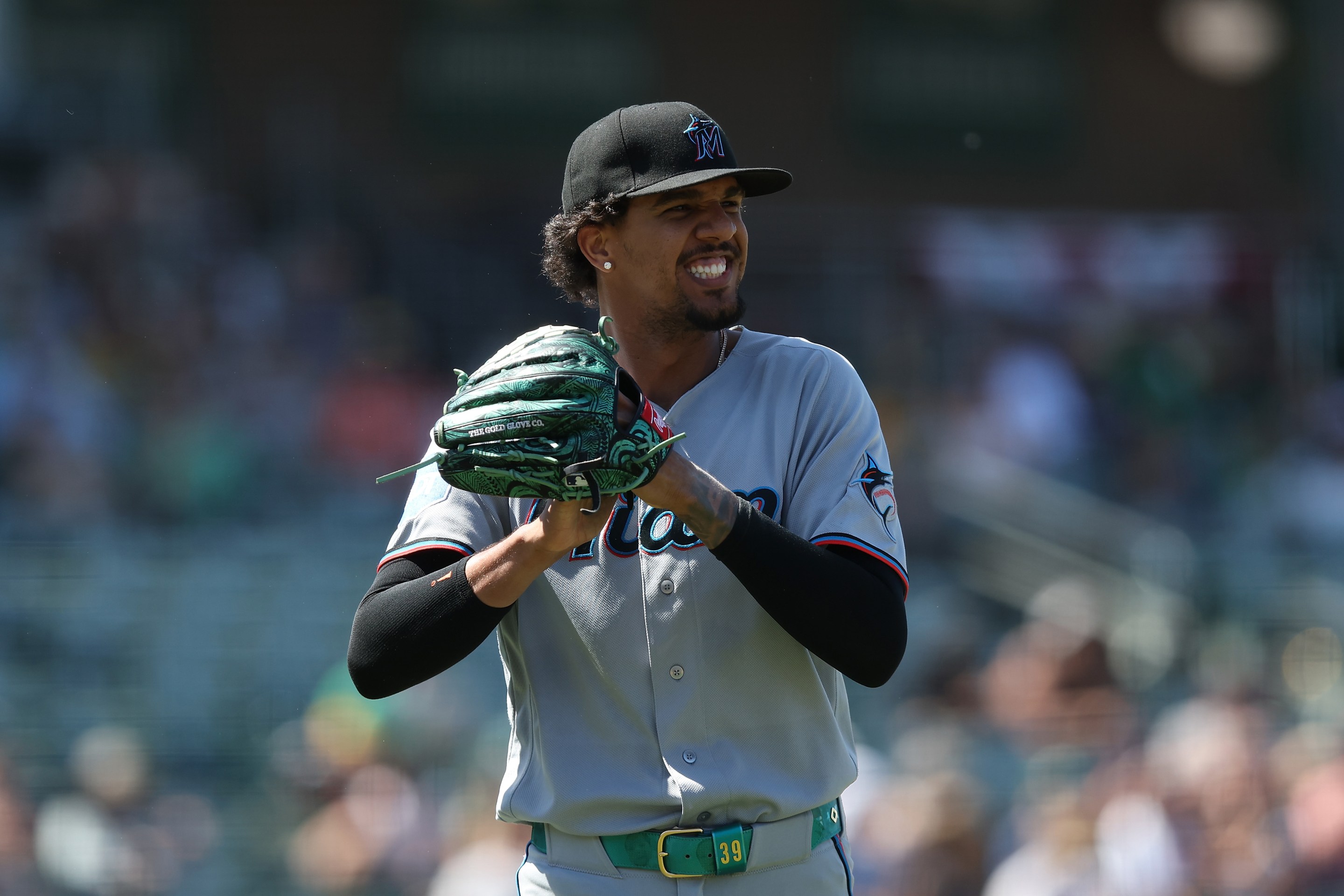SACRAMENTO, CALIFORNIA - JULY 05: Eury Perez #39 of the Miami Marlins reacts after an out in the bottom of the sixth inning against the Athletics at Sutter Health Park on July 05, 2026 in Sacramento, California. (Photo by Lachlan Cunningham/Getty Images)