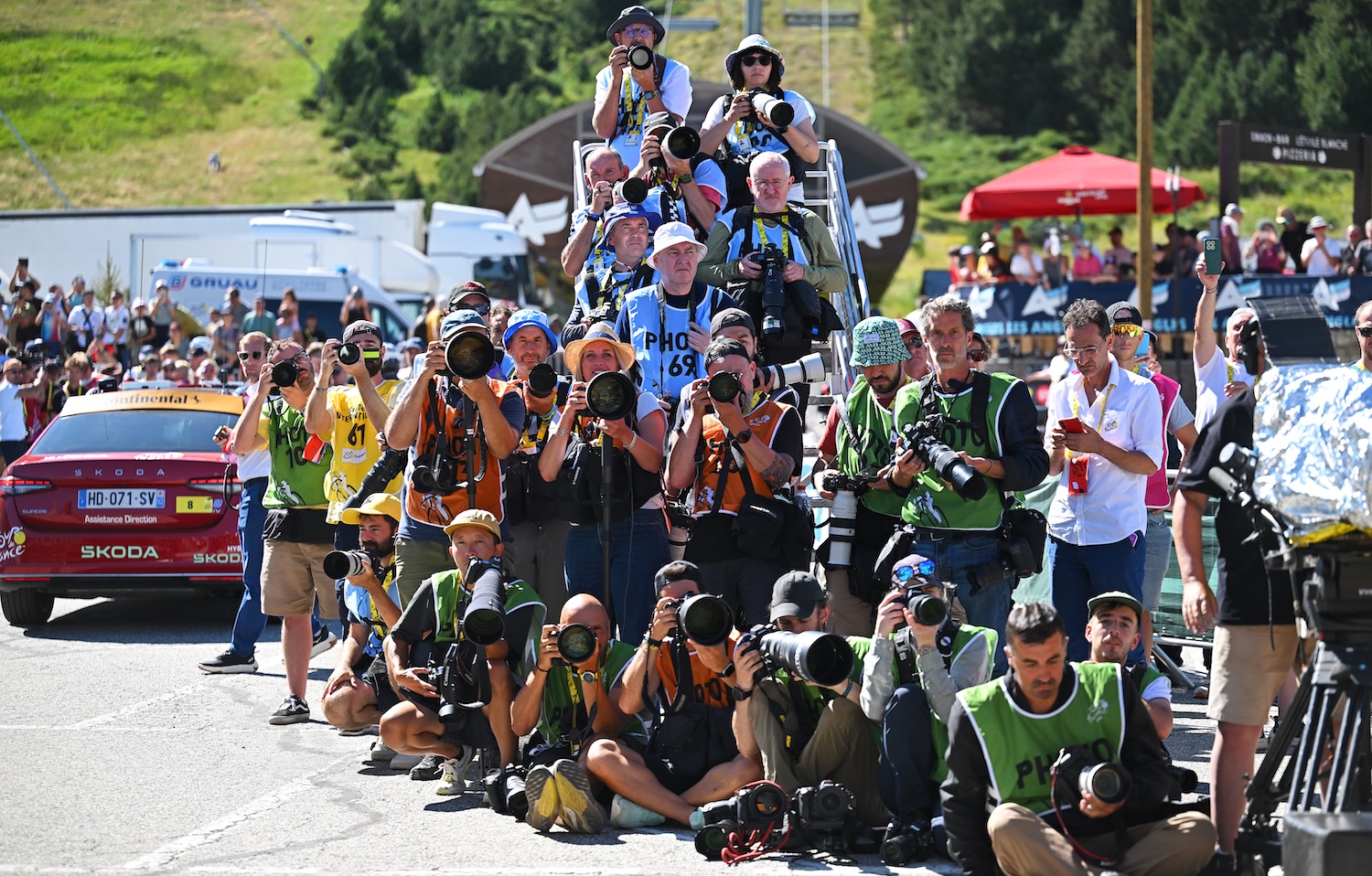 LES ANGLES, FRANCE - JULY 06: Photographers at finish line during 113th Tour de France 2026, Stage 3 a 195.9km stage from Granollers to Les Angles 1801m / #UCIWT / on July 06, 2026 in Les Angles, France. (Photo by Tim de Waele/Getty Images)
