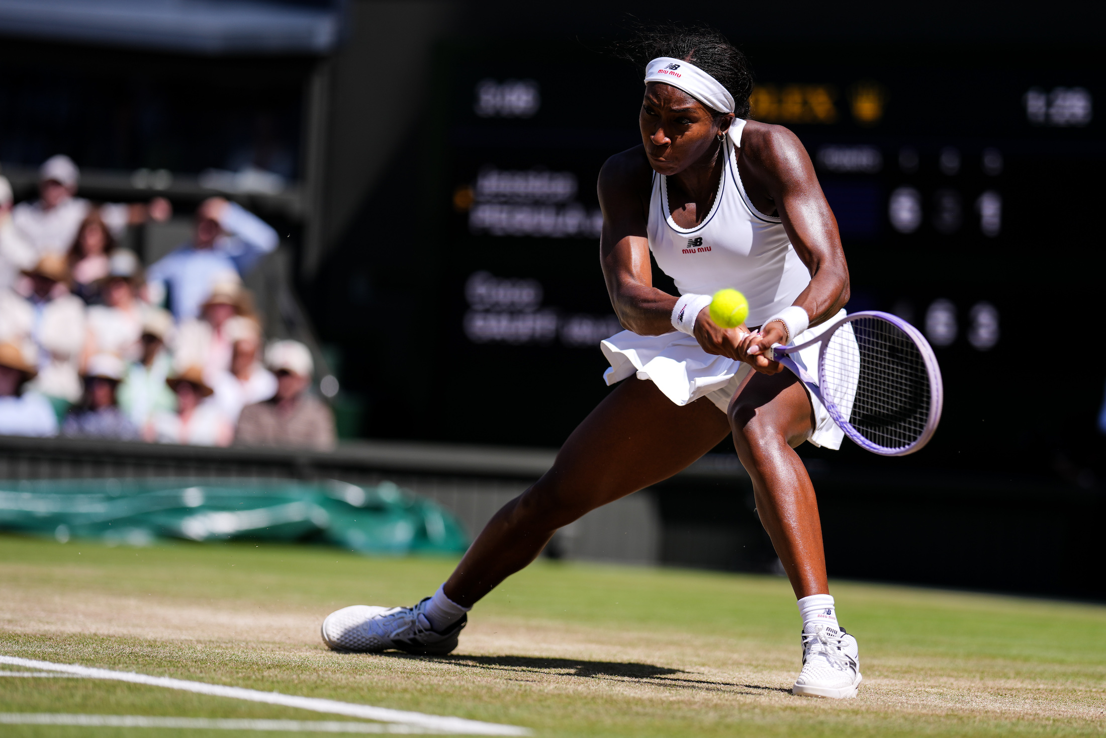 Coco Gauff of the Untied States returns a shot in the Ladies Singles Quarter Finals match against Jessica Pegula of the United States on day nine of The Championships Wimbledon 2026 at All England Lawn Tennis and Croquet Club on July 07, 2026 in London, England. (Photo by Shi Tang/Getty Images)