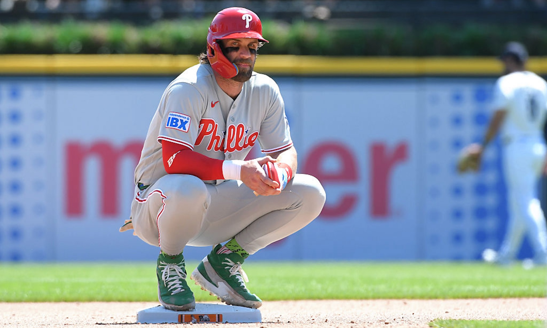 Bryce Harper squatting on second base