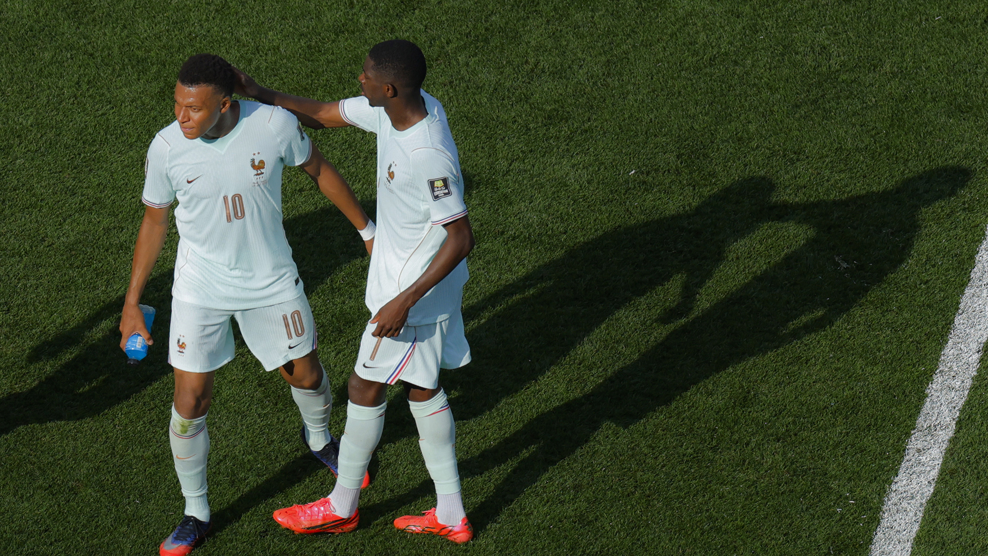 Kylian Mbappe (L) and Ousmane Dembele (R) of France reacts during the FIFA World Cup 2026 Quarter Final match between France and Morocco at Boston Stadium on July 9, 2026 in Foxborough, United States.