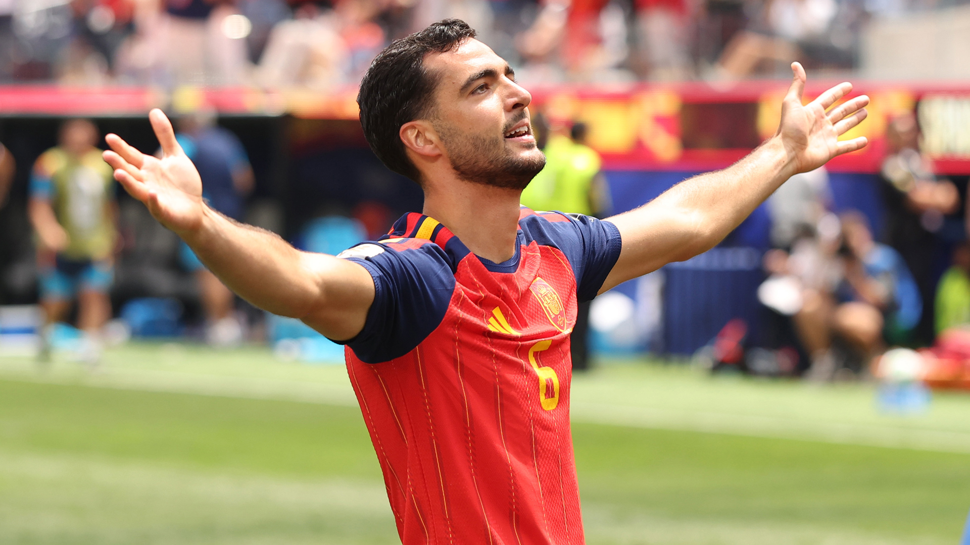 Mikel Merino #6 of Spain celebrates after scoring the second goal for Spain during the FIFA World Cup 2026 Quarter Final match between Spain and Belgium at Los Angeles Stadium on July 10, 2026 in Inglewood, California.