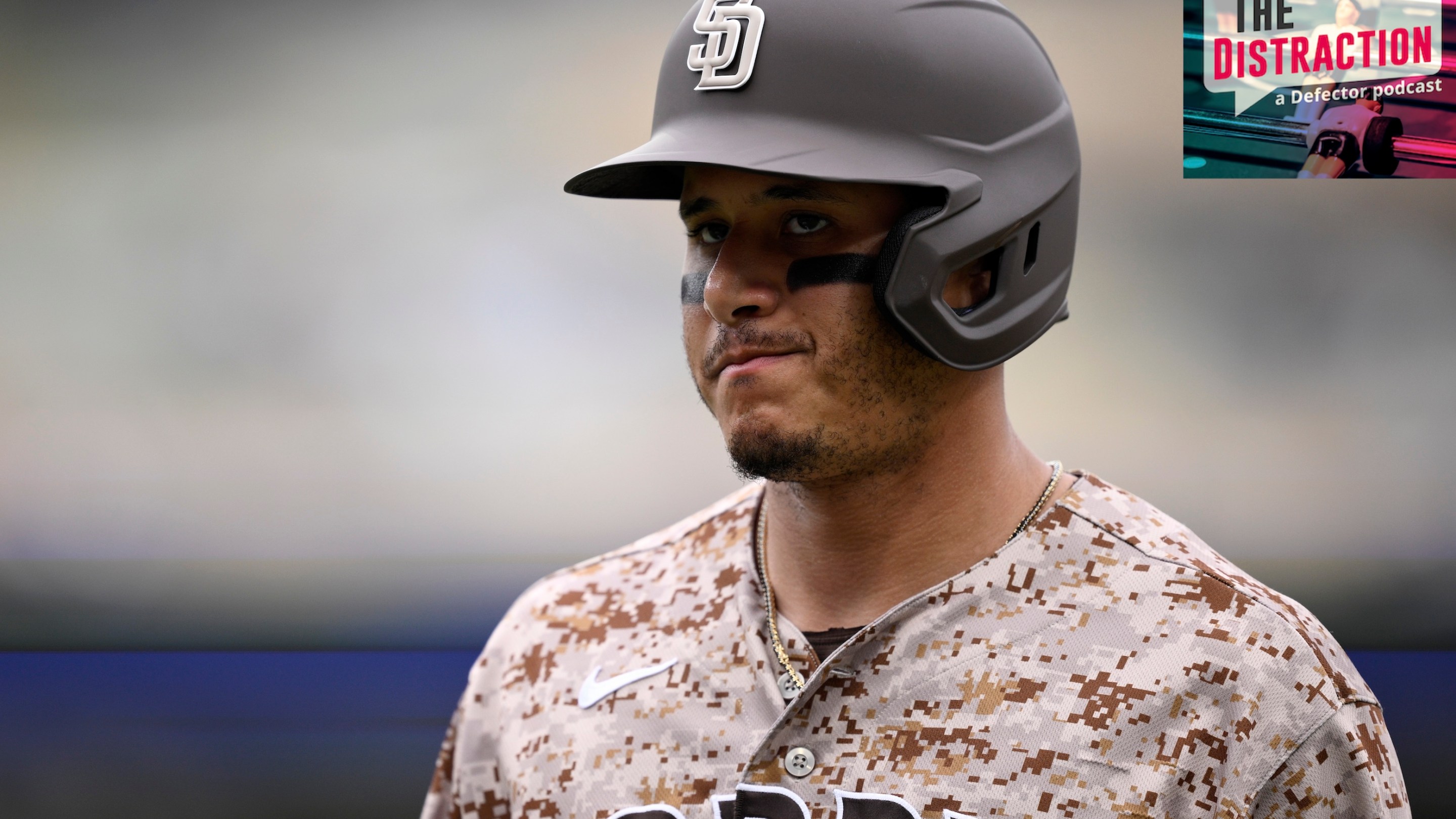 Manny Machado of the San Diego Padres makes a kind of frowny face during the sixth inning against the Toronto Blue Jays at Petco Park on July 12, 2026 in San Diego, California.