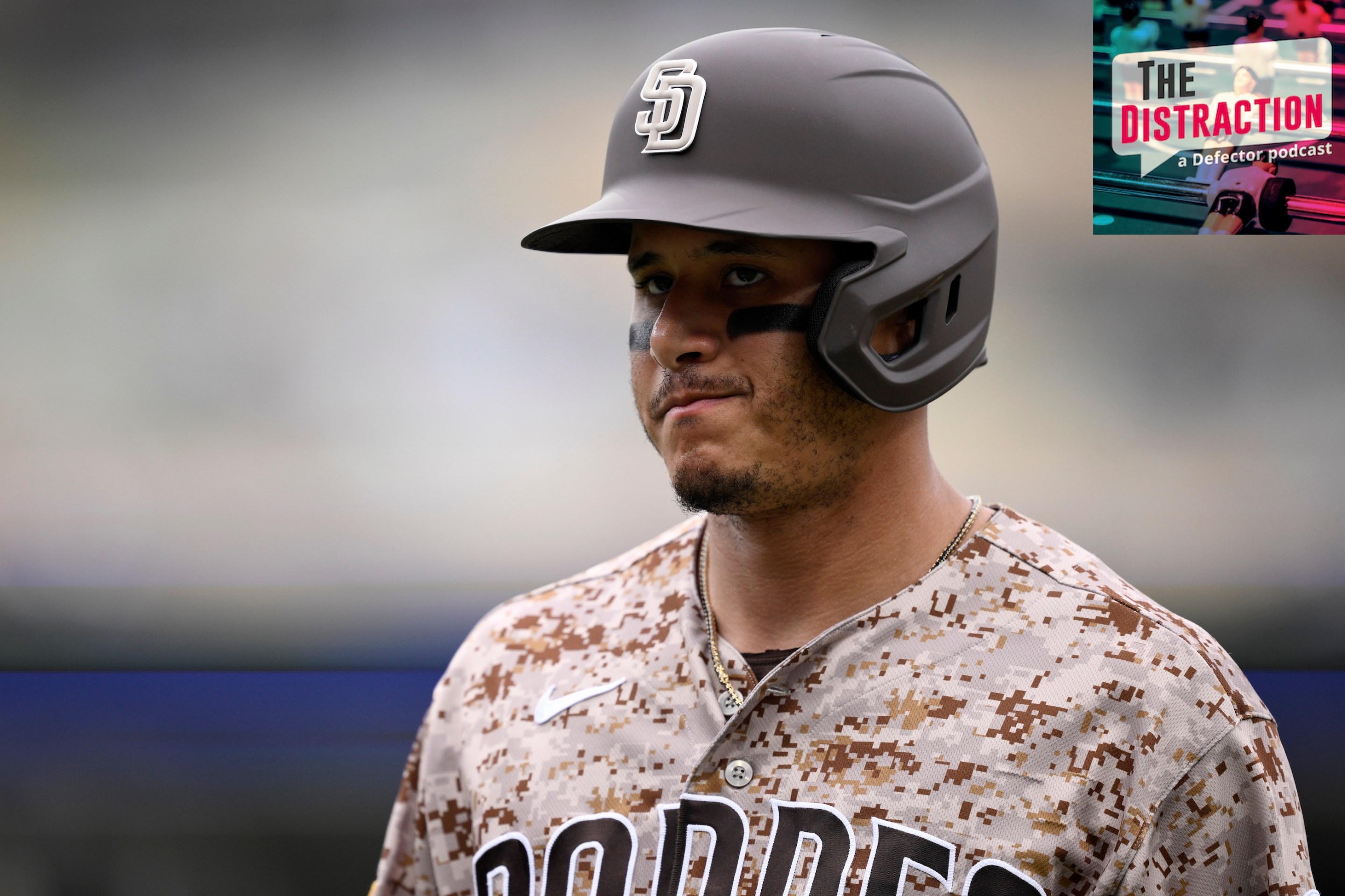 Manny Machado of the San Diego Padres makes a kind of frowny face during the sixth inning against the Toronto Blue Jays at Petco Park on July 12, 2026 in San Diego, California.