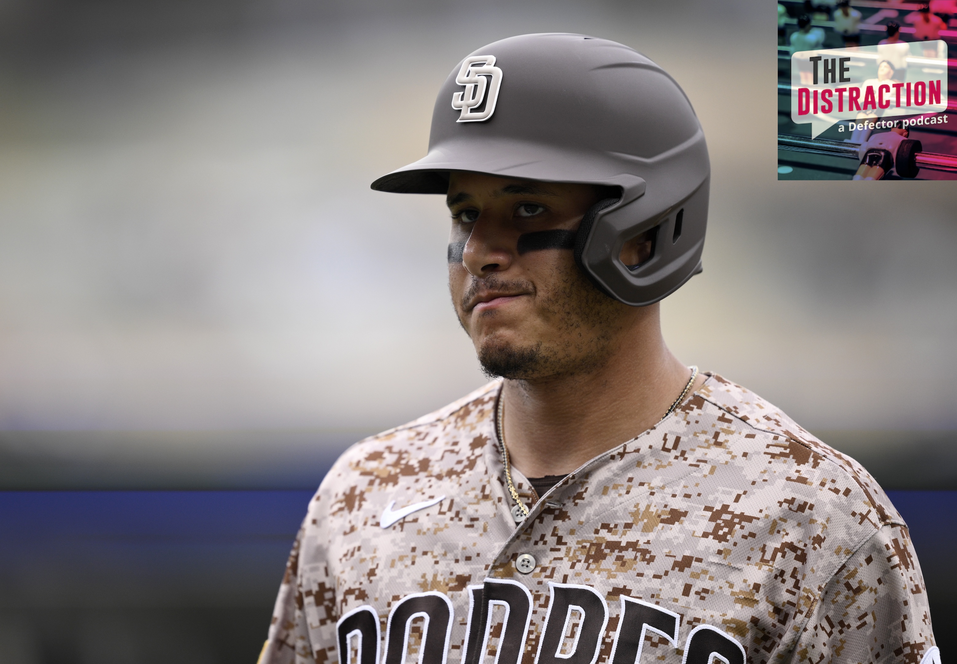 Manny Machado of the San Diego Padres makes a kind of frowny face during the sixth inning against the Toronto Blue Jays at Petco Park on July 12, 2026 in San Diego, California.