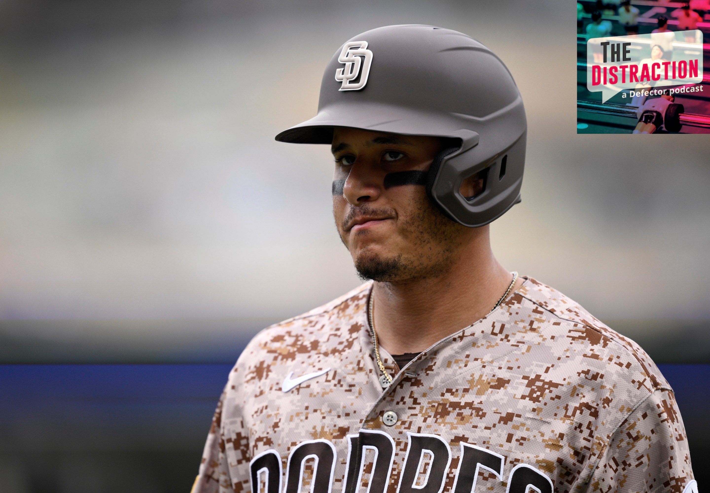 Manny Machado of the San Diego Padres makes a kind of frowny face during the sixth inning against the Toronto Blue Jays at Petco Park on July 12, 2026 in San Diego, California.