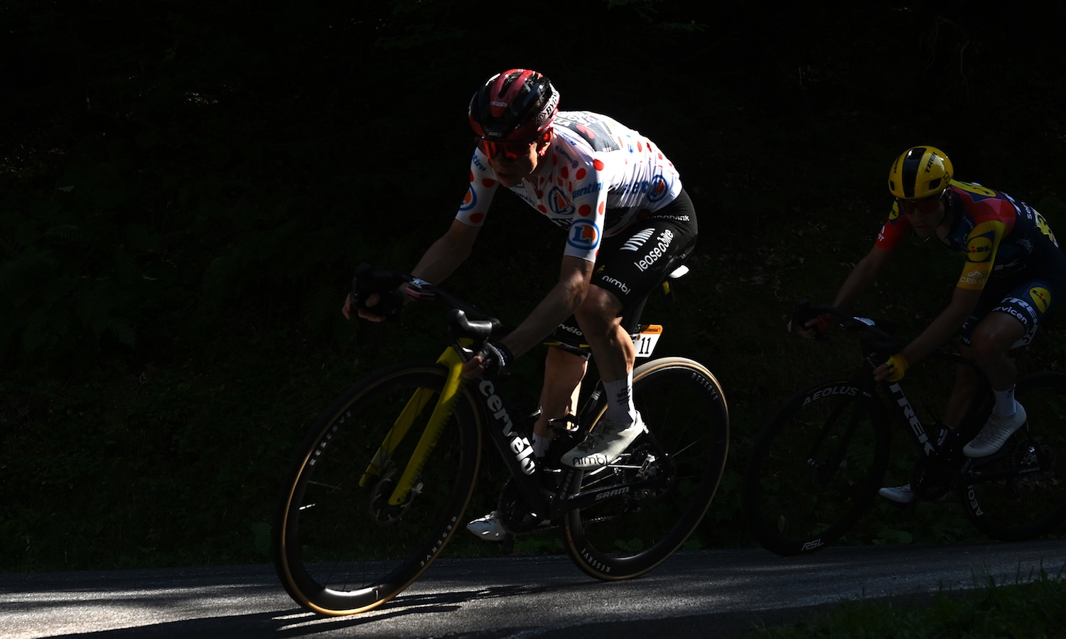 LE LIORAN, FRANCE - JULY 14: Jonas Vingegaard of Denmark and Team Visma | Lease a Bike - Polka dot Mountain Jersey competes during the 113th Tour de France 2026, Stage 10 a 166.6km stage from Aurillac to Le Lioran 1240m / #UCIWT / on July 14, 2026 in Le Lioran, France. (Photo by Dario Belingheri/Getty Images)