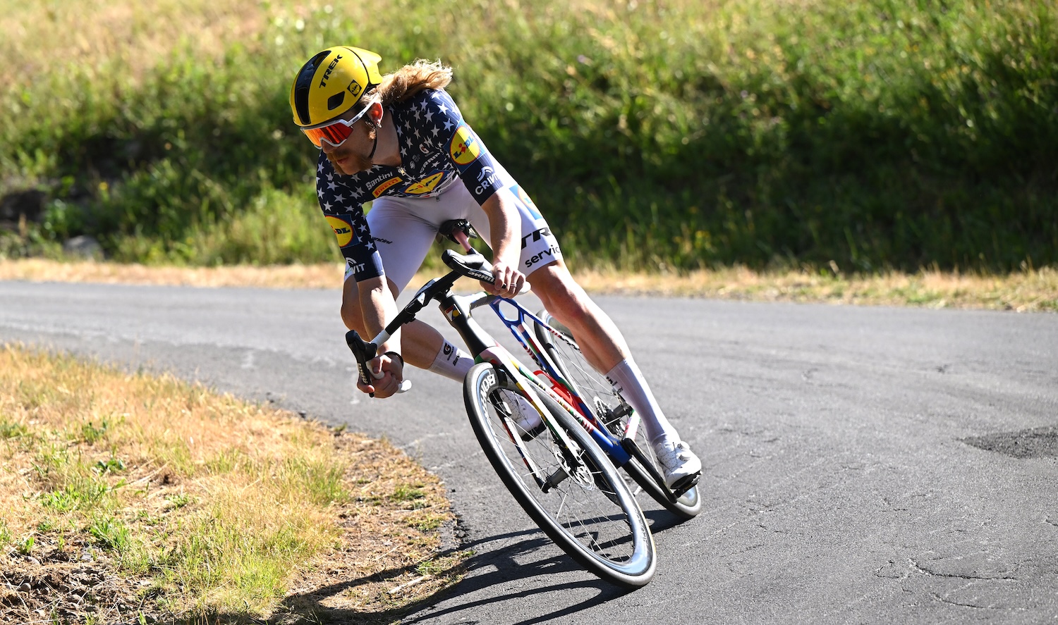LE LIORAN, FRANCE - JULY 14: Quinn Simmons of United States and Team Lidl - Trek competes during the 113th Tour de France 2026, Stage 10 a 166.6km stage from Aurillac to Le Lioran 1240m / #UCIWT / on July 14, 2026 in Le Lioran, France. (Photo by Dario Belingheri/Getty Images)
