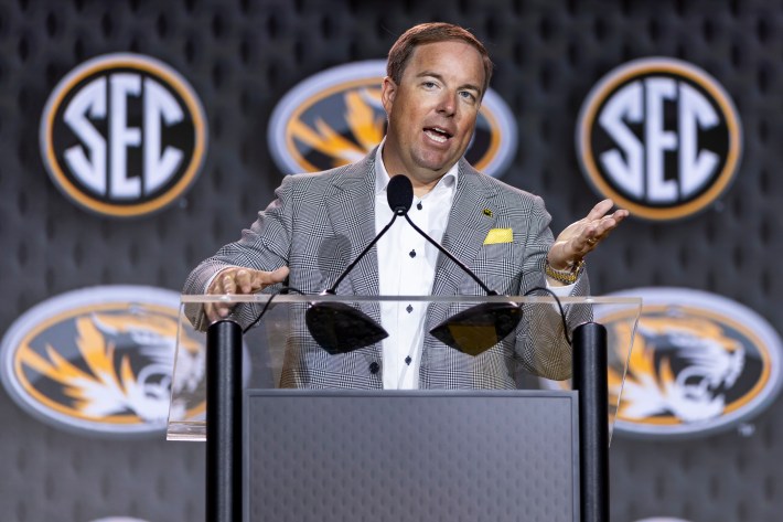 Missouri Football Head Coach Eliah Drinkwitz speaks at the SEC Football Media Day at Tampa Marriott Water Street on July 20, 2026 in Tampa, Florida.