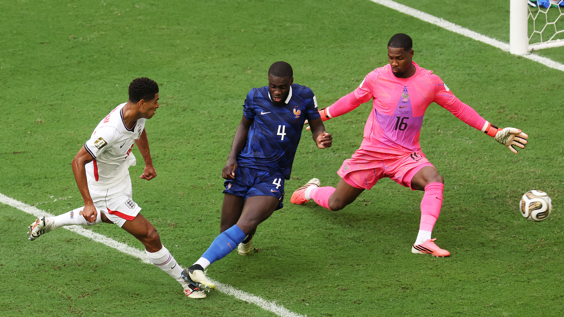 Jude Bellingham #10 of England scores his team’s sixth goal during the FIFA World Cup 2026 Bronze Final between France and England at Miami Stadium on July 18, 2026 in Miami Gardens, Florida.