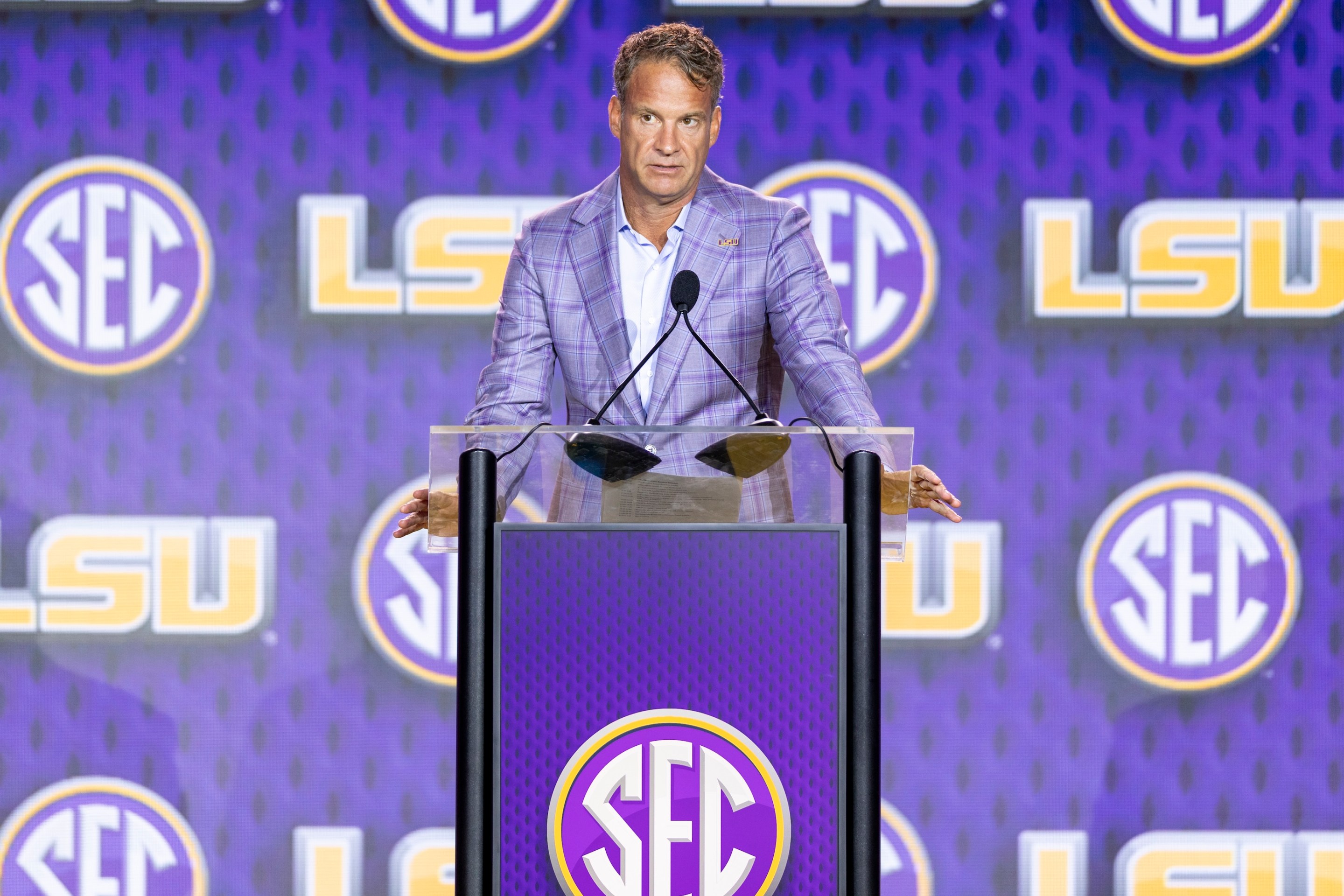 Head Coach Lane Kiffin of the LSU Tigers speaks at SEC Football Kickoff Media Day at Tampa Marriott Water Street on July 23, 2026.