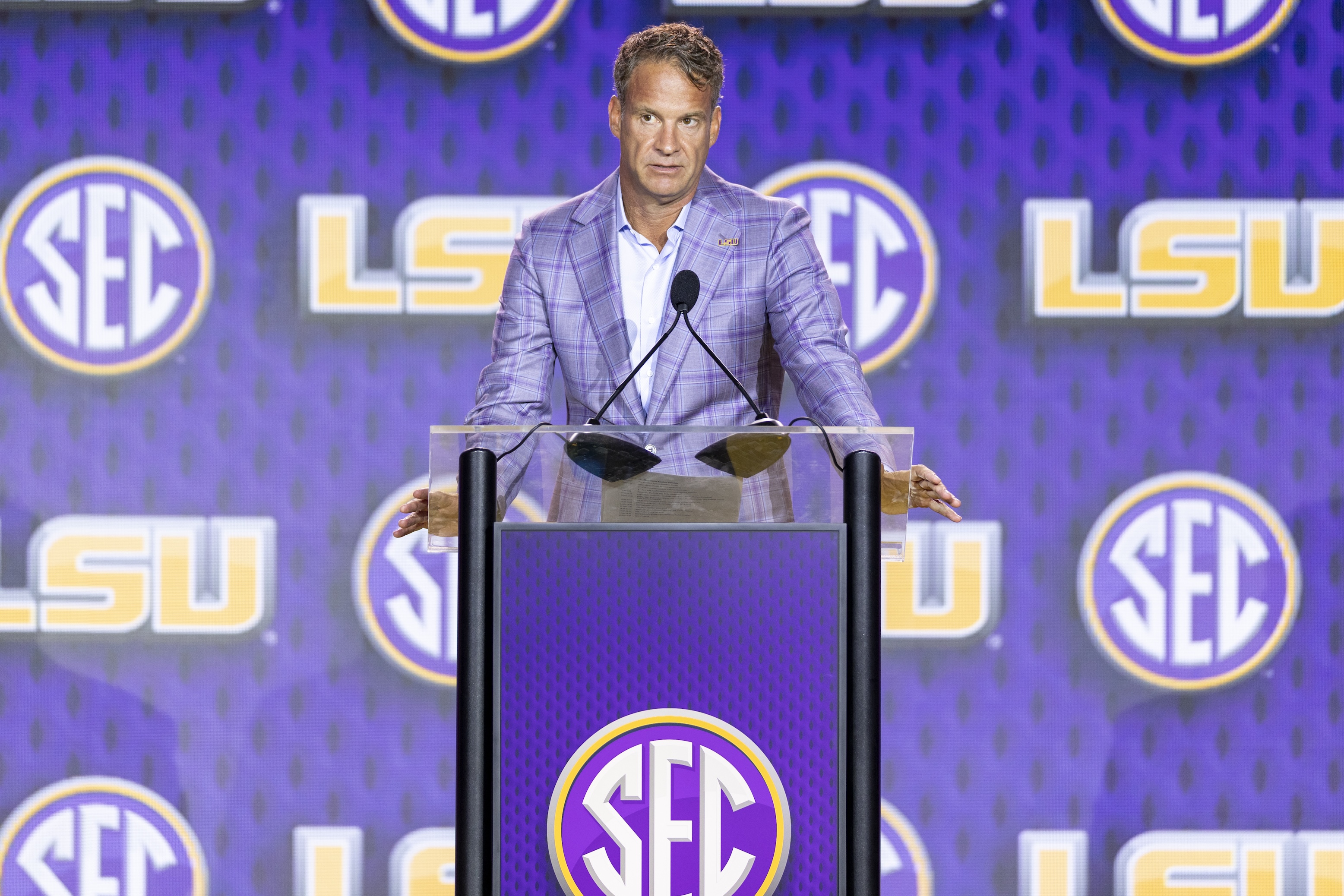 Head Coach Lane Kiffin of the LSU Tigers speaks at SEC Football Kickoff Media Day at Tampa Marriott Water Street on July 23, 2026.