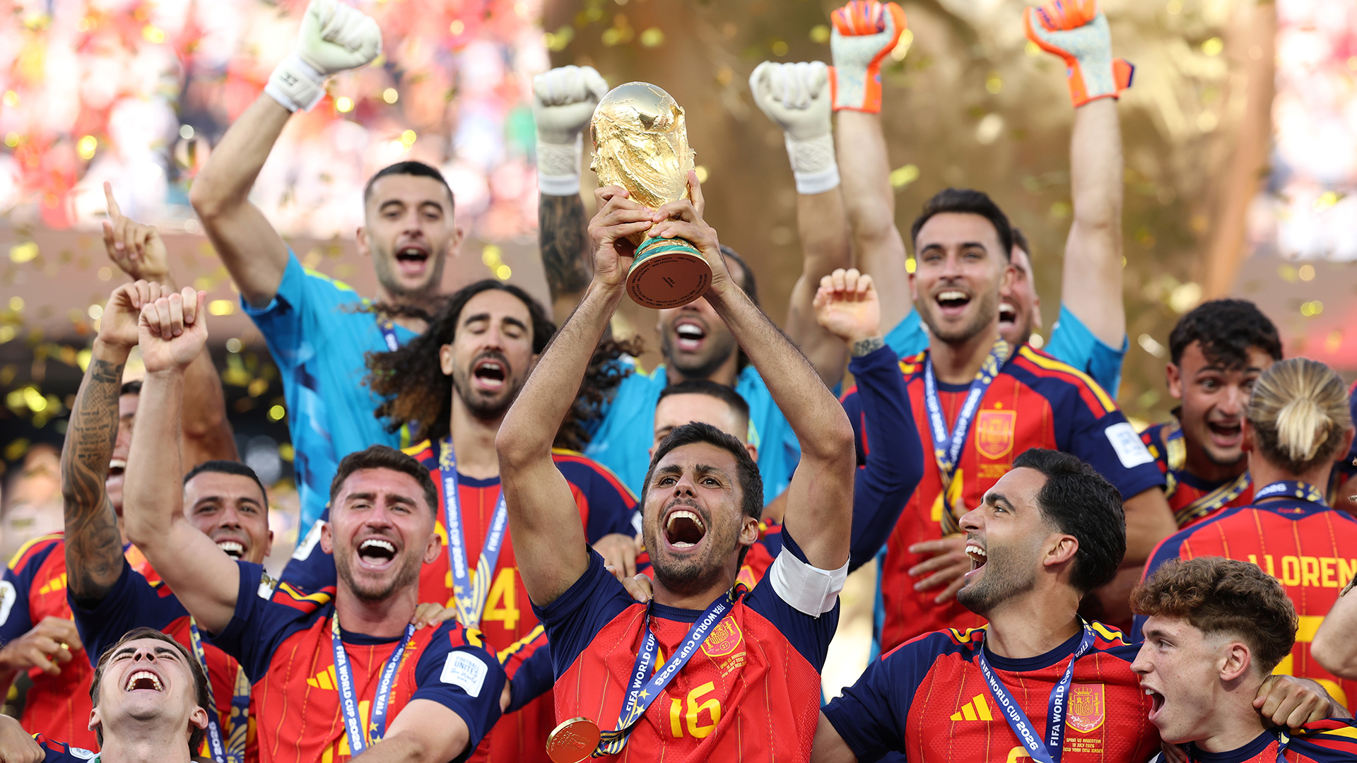Rodri #16 of Spain lifts the FIFA World Cup Winner’s Trophy after the team’s victory following the FIFA World Cup 2026 Final match between Spain and Argentina at New York New Jersey Stadium on July 19, 2026 in East Rutherford, New Jersey.