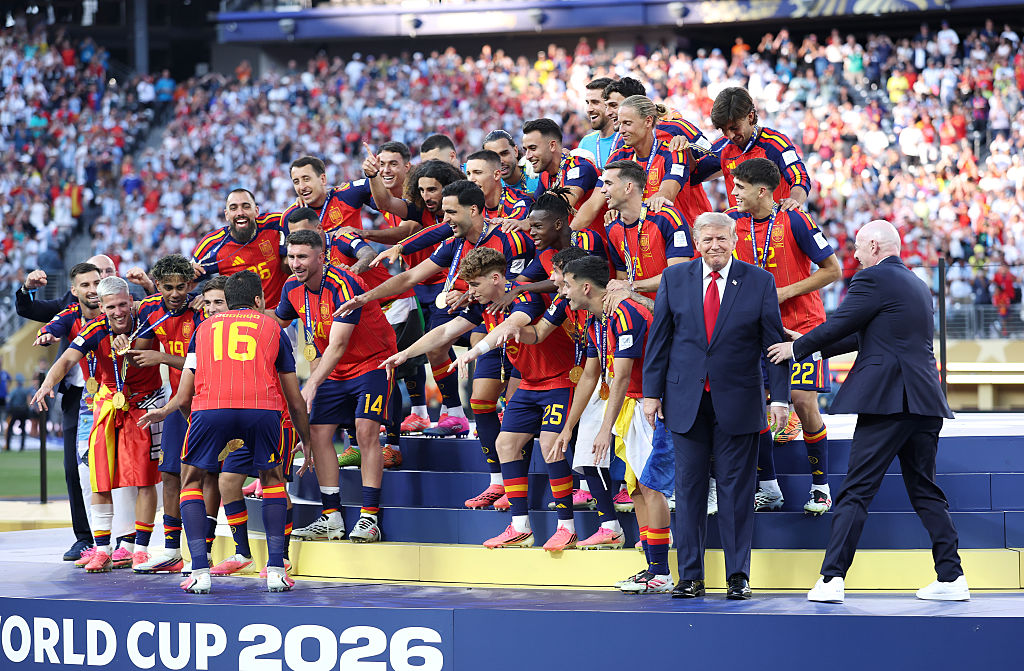 FIFA President Gianni Infantino directs U.S. President Donald Trump after the team’s victory following during the FIFA World Cup 2026 Final match between Spain and Argentina