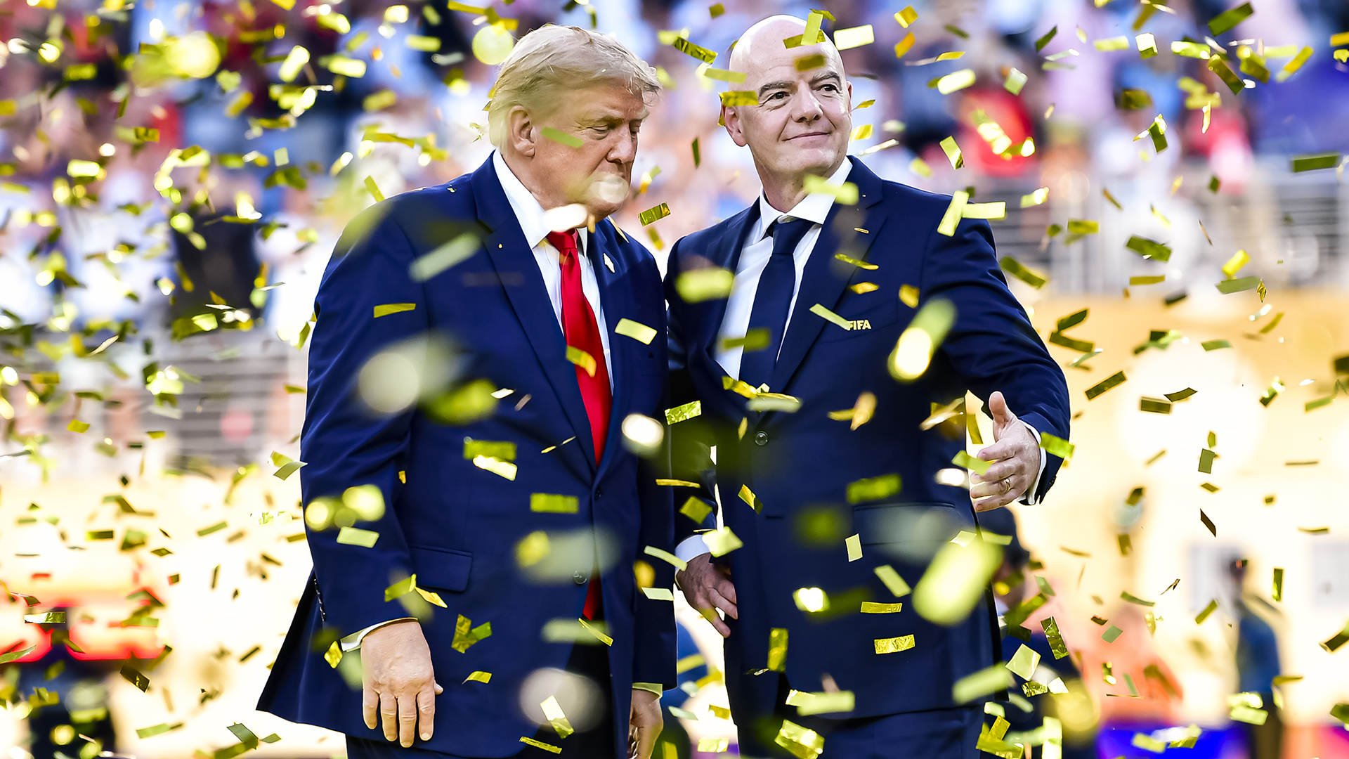 FIFA President Gianni Infantino (L) and United States of America President Donald Trump (R) look on following the FIFA World Cup 2026 Final match between Spain and Argentina at New York New Jersey Stadium on July 19, 2026 in East Rutherford, United States.