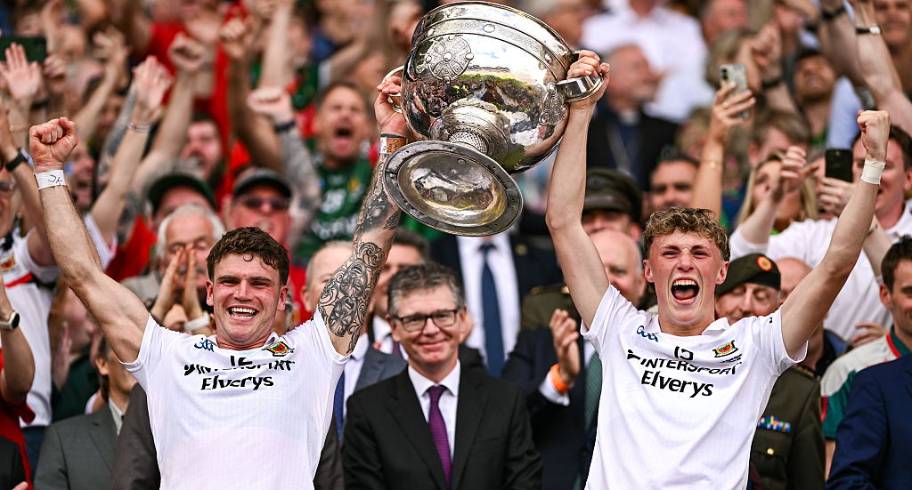 Dublin , Ireland - 26 July 2026; Jordan Flynn, left, and Kobe McDonald of Mayo lift the Sam Maguire Cup after the GAA Football All-Ireland Senior Championship final match between Kerry and Mayo at Croke Park in Dublin.