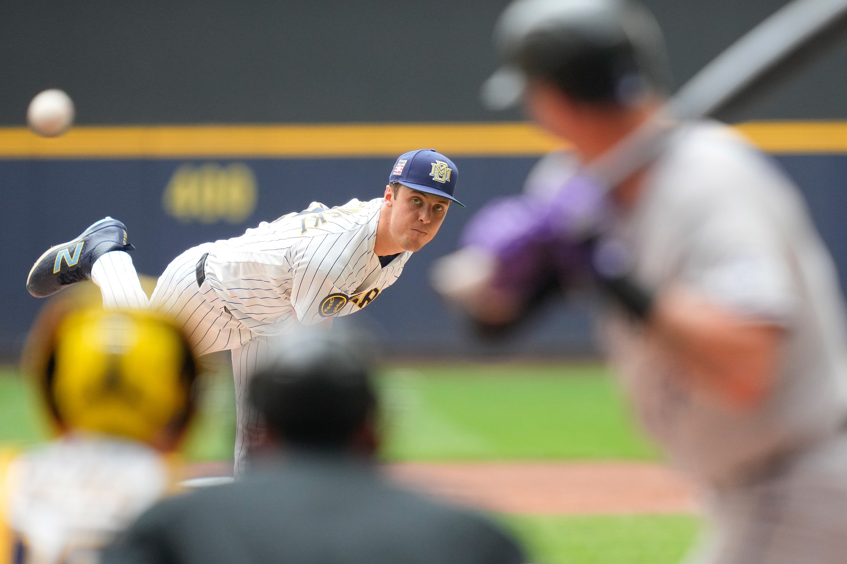 Jacob Misiorowski #32 of the Milwaukee Brewers throws a pitch in the second inning against the Colorado Rockies at American Family Field on July 26, 2026 in Milwaukee, Wisconsin