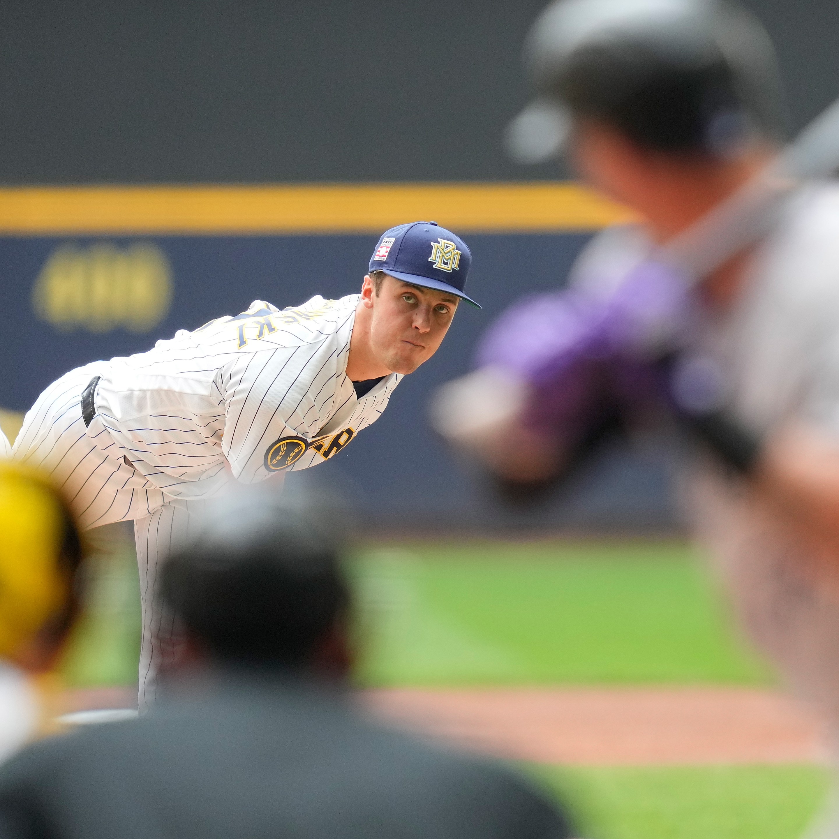 Jacob Misiorowski #32 of the Milwaukee Brewers throws a pitch in the second inning against the Colorado Rockies at American Family Field on July 26, 2026 in Milwaukee, Wisconsin