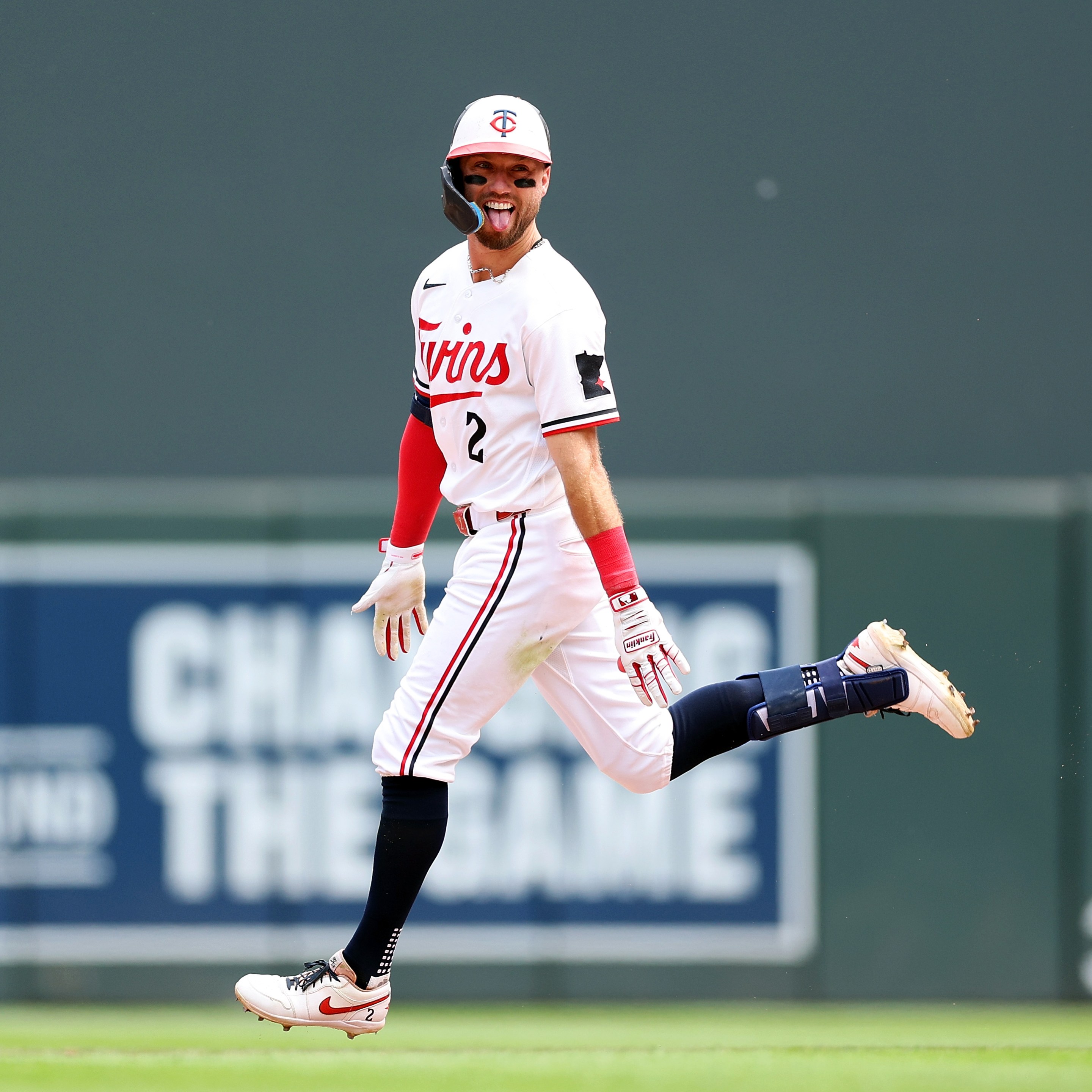 Kody Clemens #2 of the Minnesota Twins celebrates his walk-off, grand slam as he rounds the bases against the Kansas City Royals in the ninth inning