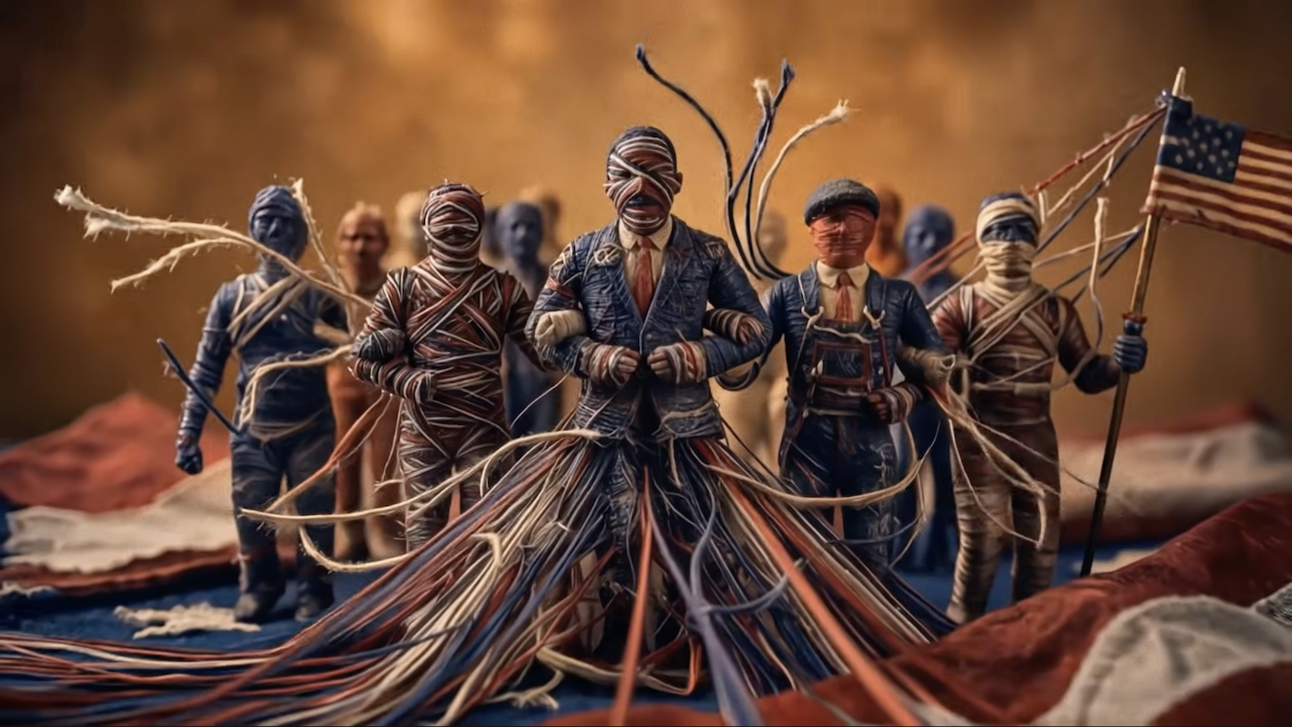 Gross distressing AI image of the disparate threads of the American flag wrapping themselves into the shape of Civil Rights marchers, like something out of John Carpenter's The Thing.