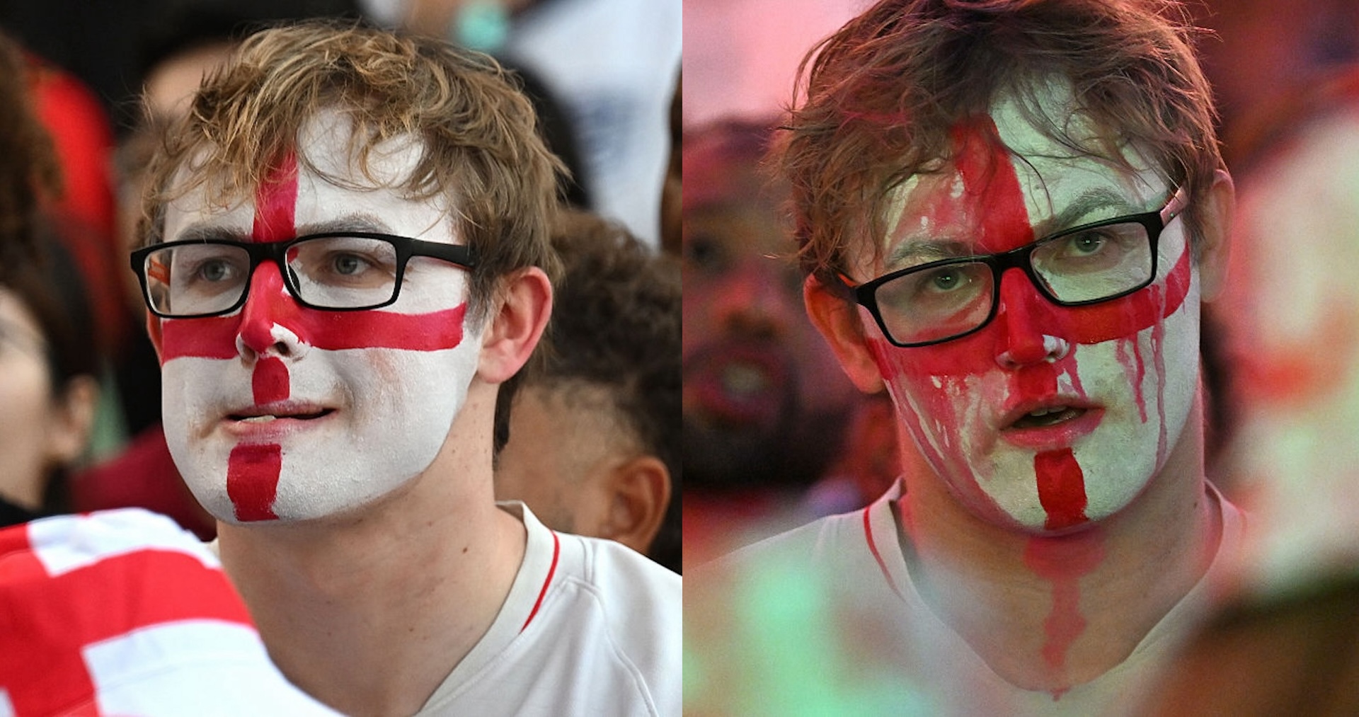 On the left, an english fan with his face painted withe the georgian cross. On the right, the same fan with his makeup running due to crying