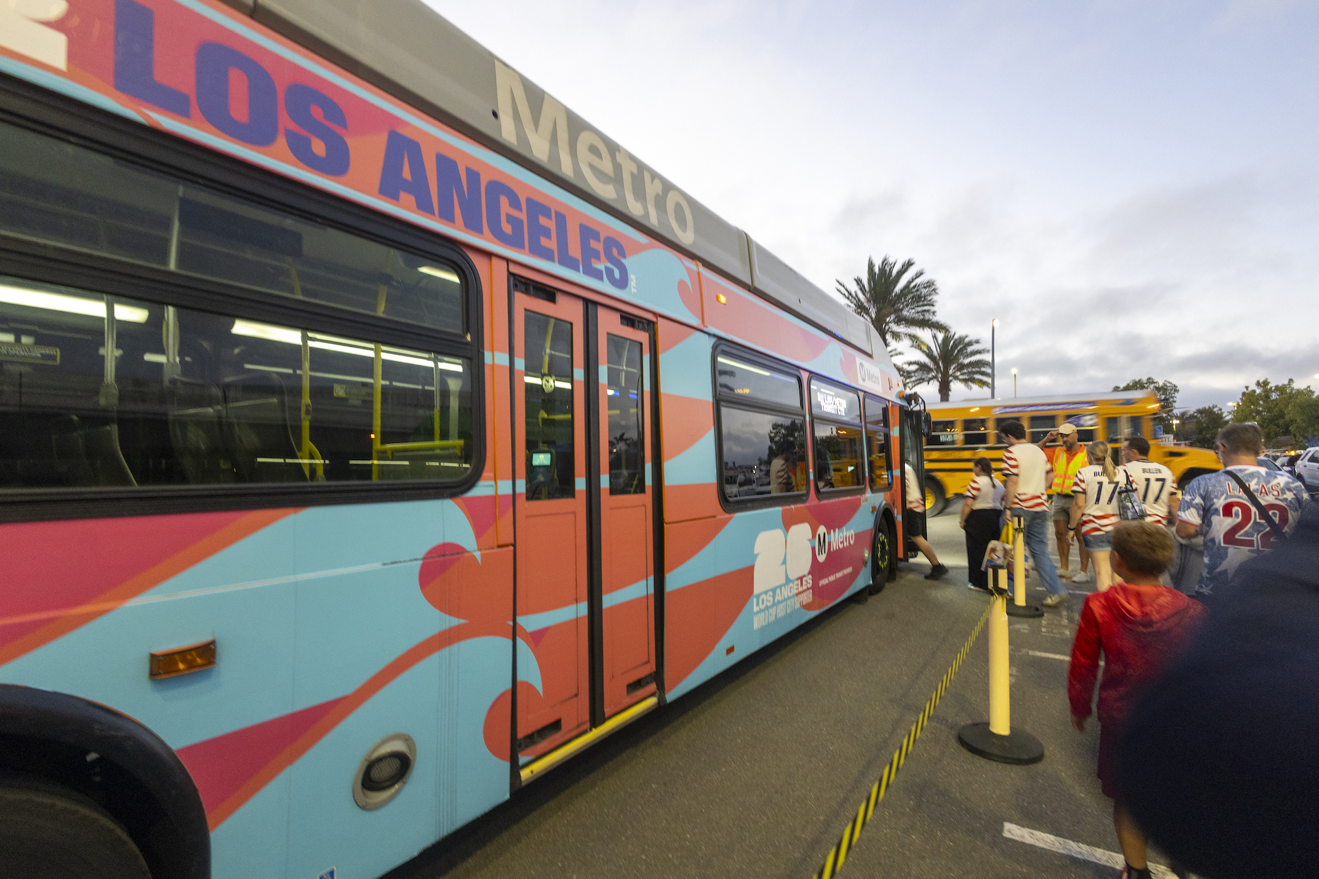 A LA Metro shuttle bus transports fans after the FIFA World Cup 2026 Group D match between USA and Paraguay.