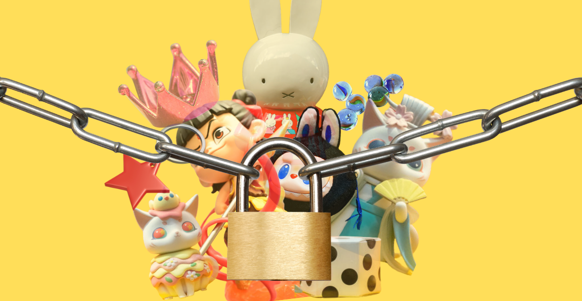 Various trinkets with a chain and padlock superimposed over them