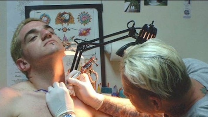 bleached Barry getting his neck tattoo as a young man