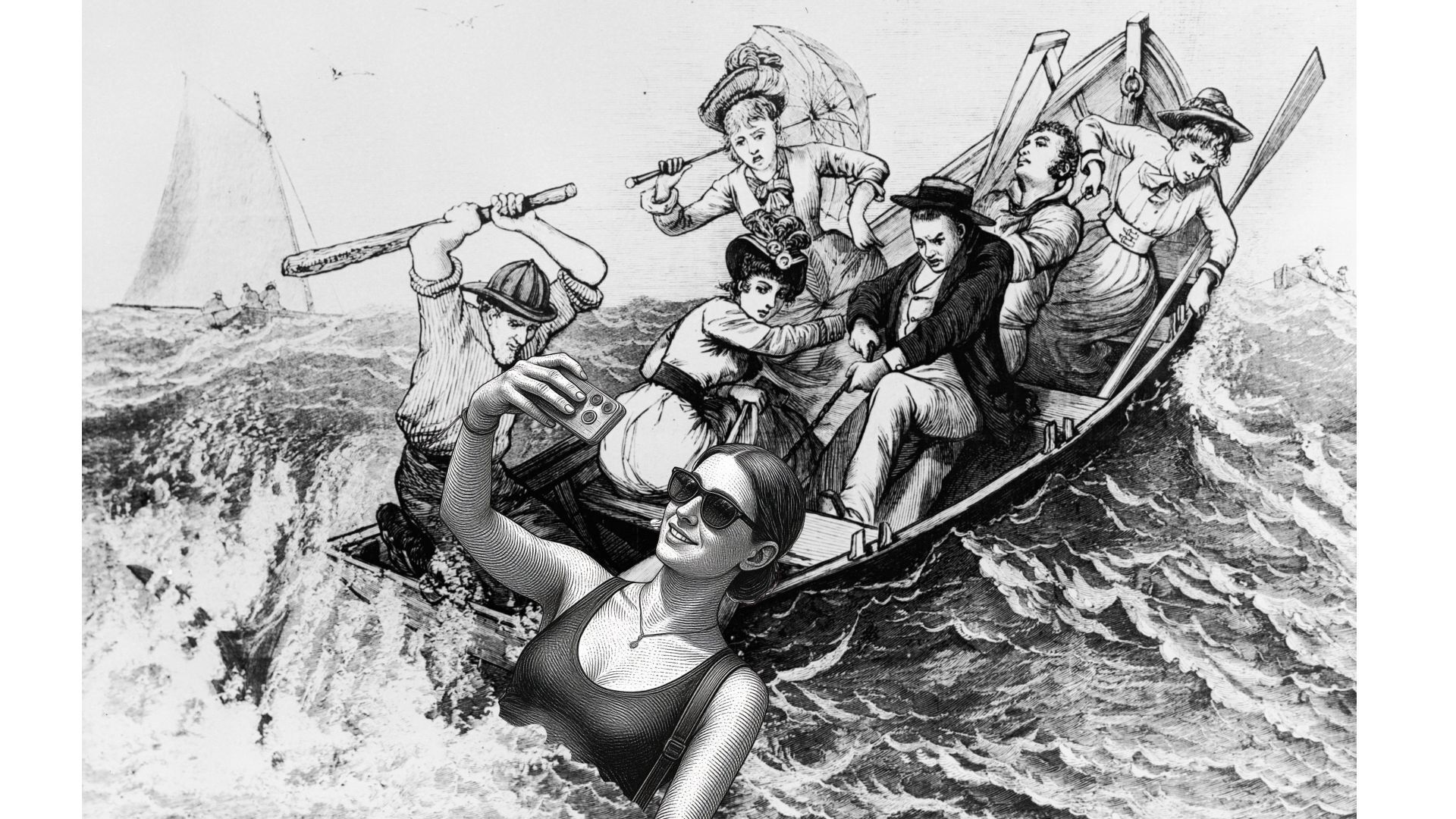 Collage: An old drawing of people in a lifeboat struggling against rough seas; in front of them a modern woman is popping out of the water, taking a photo of herself.
