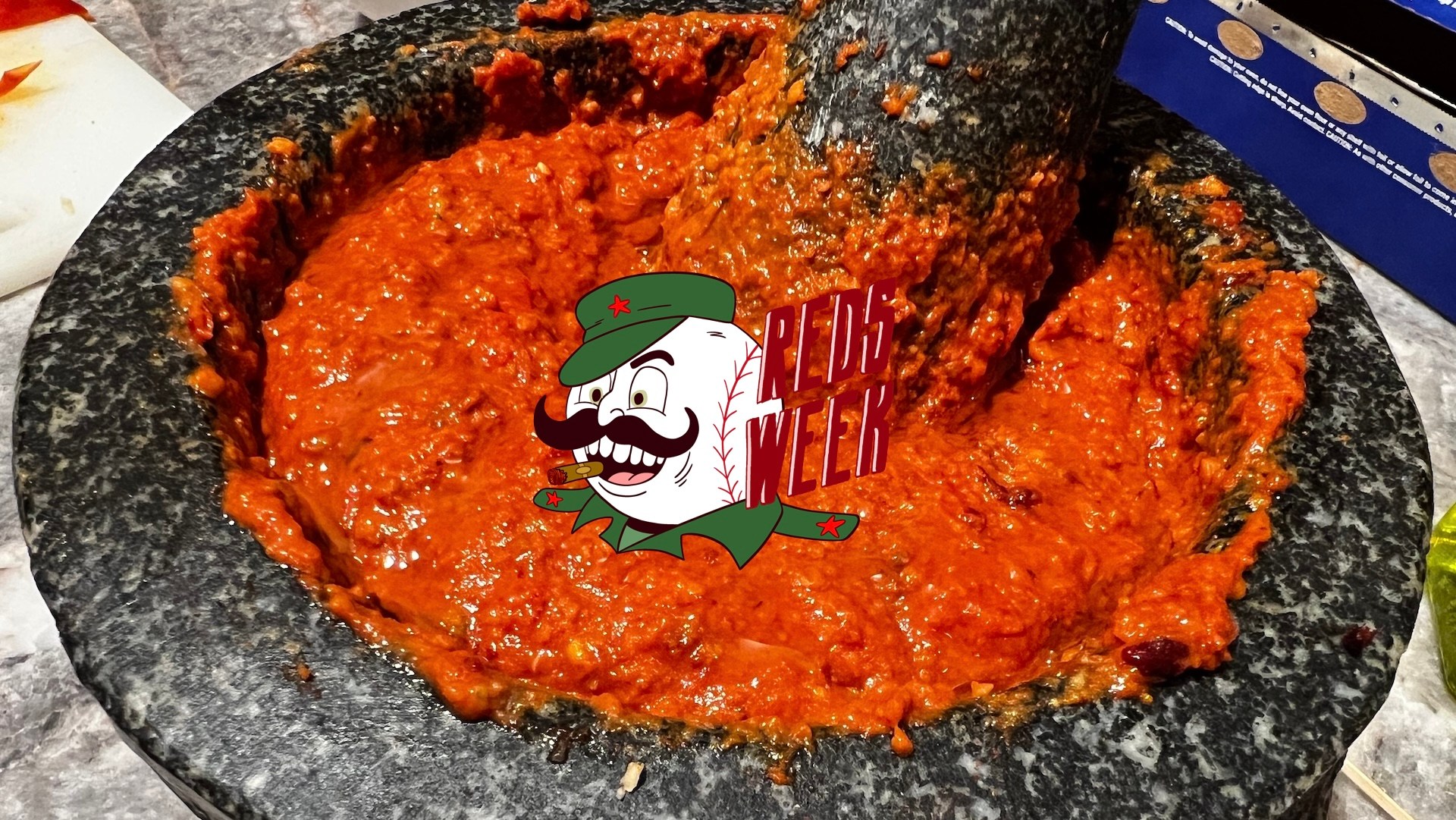 A mortar full of romesco