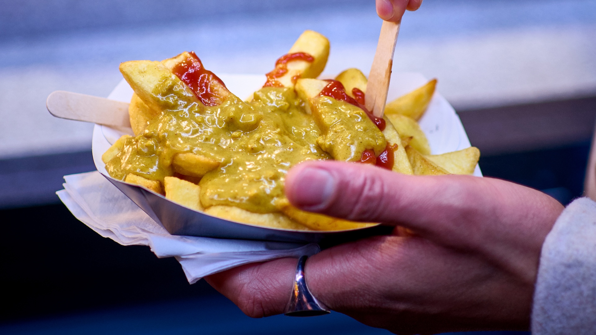 A person holding a plate of curry fries