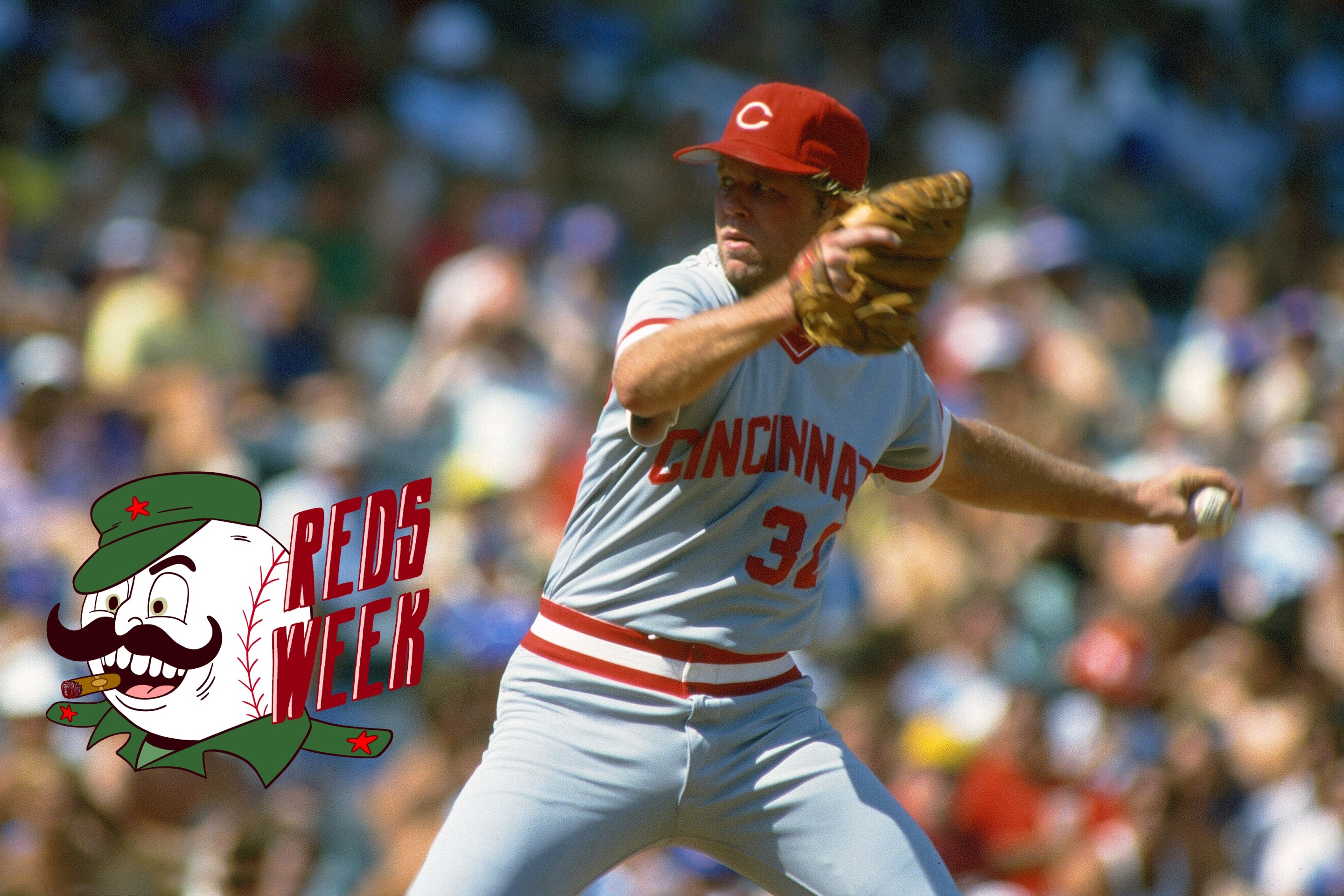 Tom Browning of the Cincinnati Reds pitches against the Chicago Cubs during an Major League Baseball game circa 1989 at Wrigley Field in Chicago. The Reds Week logo is at lower left.