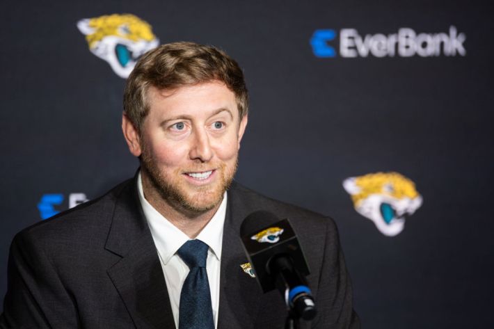 Liam Coen, new Head Coach of the Jacksonville Jaguars, looks on as he is introduced to the media at the Miller Electric Center on January 27, 2025 in Jacksonville, Florida.