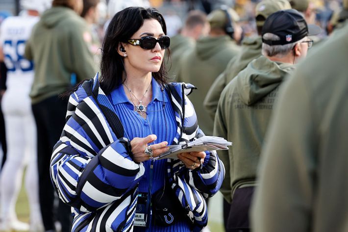 PITTSBURGH, PENNSYLVANIA - NOVEMBER 02: Owner Carlie Irsay-Gordon of the Indianapolis Colts looks on from the sidelines against the Pittsburgh Steelers during the second half in the game at Acrisure Stadium on November 02, 2025 in Pittsburgh, Pennsylvania.