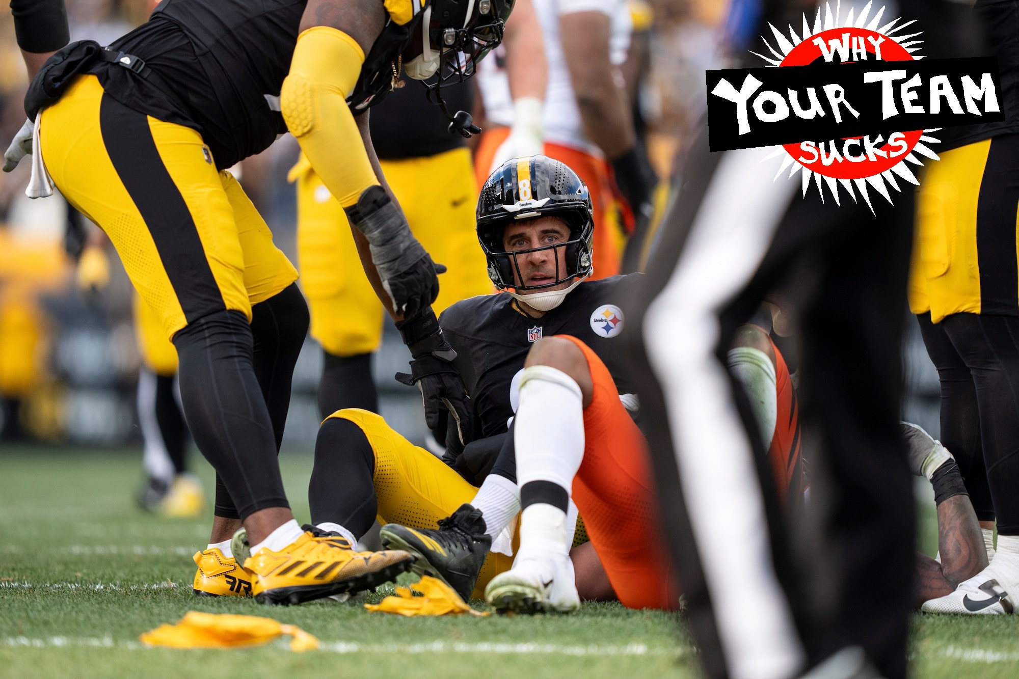 PITTSBURGH, PENNSYLVANIA - NOVEMBER 16: Aaron Rodgers #8 of the Pittsburgh Steelers reacts after being sacked during an NFL football game against the Cincinnati Bengals at Acrisure Stadium on November 16, 2025 in Pittsburgh, Pennsylvania. (Photo by Michael Owens/Getty Images)