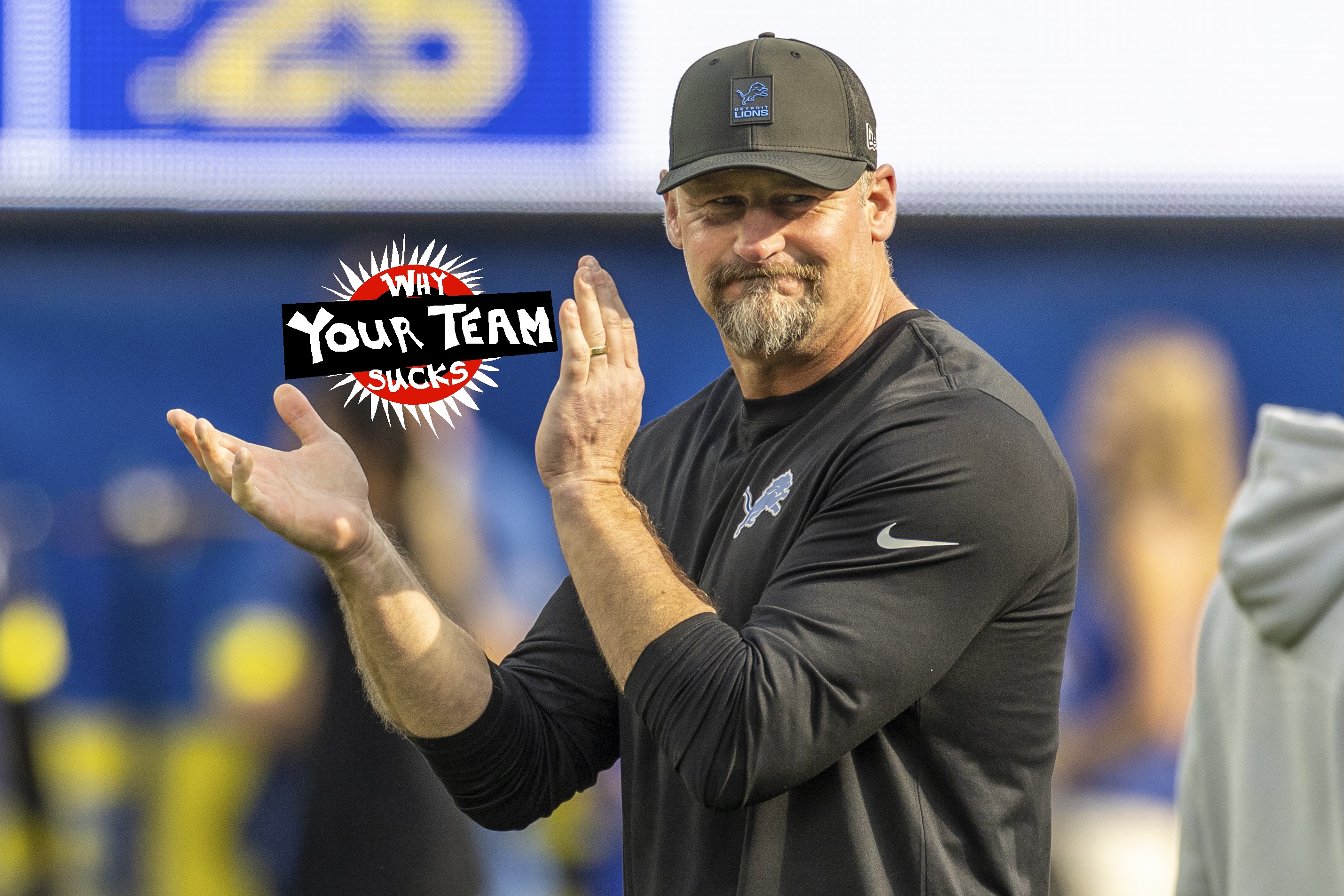 INGLEWOOD, CA - DECEMBER 14: Detroit Lions head coach Dan Campbell cheers on his team on the field during pregame warmups before an NFL football game between the Detroit Lions and Los Angeles Rams at SoFi Stadium, December 14, 2025, in Inglewood, California. (Photo by Tony Ding/Icon Sportswire)
