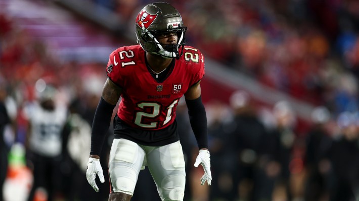 Benjamin Morrison #21 of the Tampa Bay Buccaneers lines up before a play during an NFL football game against the Carolina Panthers at Raymond James Stadium on January 3, 2026 in Tampa, Florida.