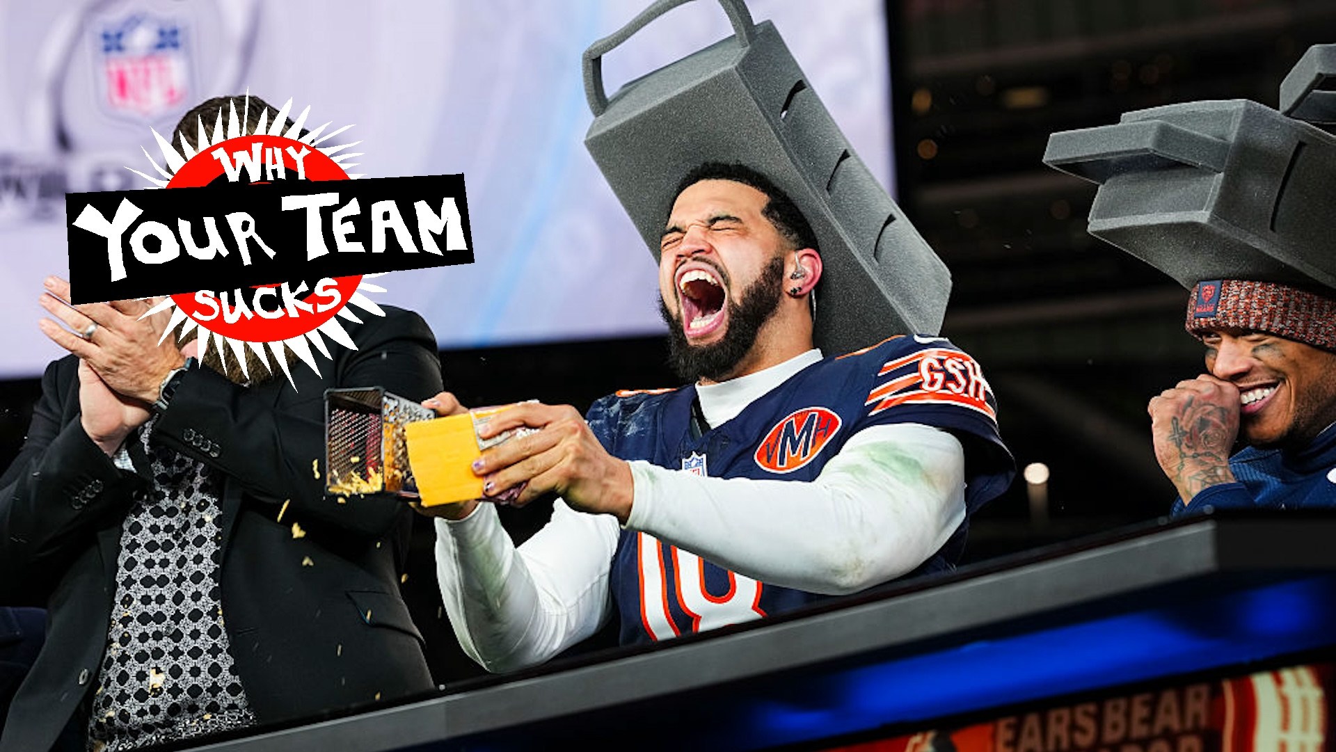 Caleb Williams of the Chicago Bears and DJ Moore #2 of the Chicago Bears visit on set of the Wildcard on Prime post game show after an NFC Wild Card Playoff game against the Green Bay Packers at Soldier Field
