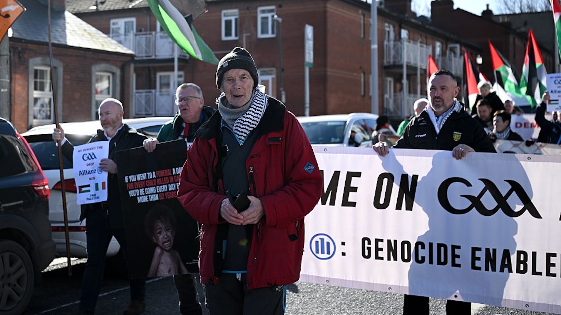 Former Dublin GAA star David Hickey and former Donegal player Brendan Devenney, right, during a protest march outside Croke Park in Dublin as the 2026 GAA Annual Congress was in progress.