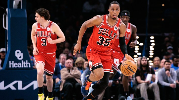 Isaac Okoro #35 of the Chicago Bulls brings the ball up court during the first half against the Oklahoma City Thunder at Paycom Center on March 27, 2026 in Oklahoma City, Oklahoma.