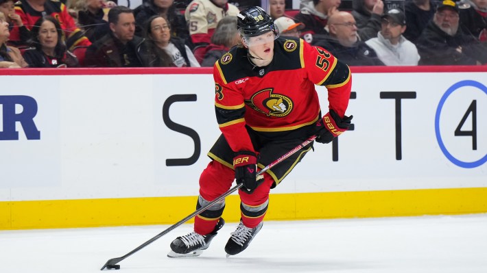 Carter Yakemchuk #58 of the Ottawa Senators skates against the Pittsburgh Penguins on March 26, 2026 at Canadian Tire Centre in Ottawa, Ontario, Canada.