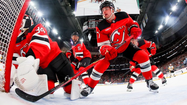Simon Nemec #17 of the New Jersey Devils defends the net during the first period of the game against the Pittsburgh Penguins on April 9, 2026 at the Prudential Center in Newark, New Jersey.