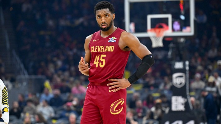 Donovan Mitchell #45 of the Cleveland Cavaliers reacts during the third quarter against the Indiana Pacers at Rocket Arena on April 05, 2026 in Cleveland, Ohio.
