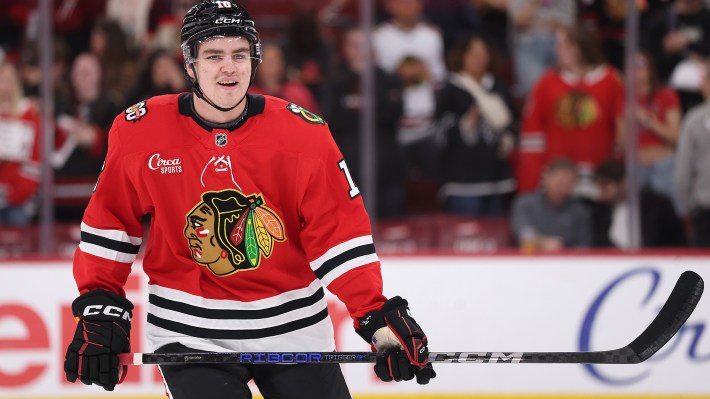 Anton Frondell #16 of the Chicago Blackhawks warms up prior to the game against the Carolina Hurricanes at the United Center on April 09, 2026 in Chicago, Illinois.