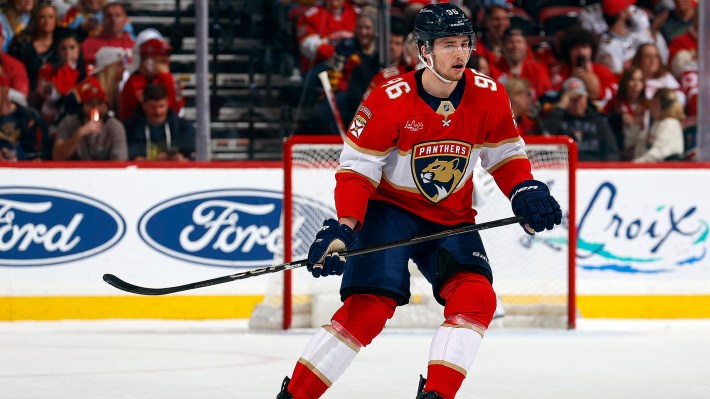 Mikulas Hovorka #96 of the Florida Panthers skates for position against the Detroit Red Wings at the Amerant Bank Arena on April 15, 2026 in Sunrise, Florida.