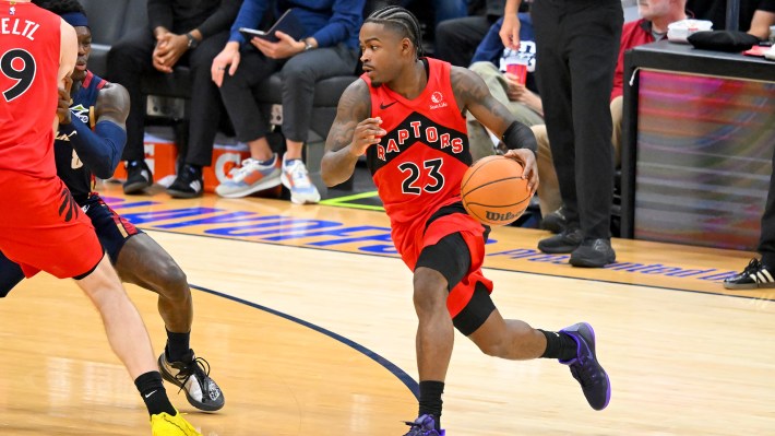 Jamal Shead #23 of the Toronto Raptors drives to the basket during the second quarter of Game One of the Eastern Conference First Round NBA Playoffs against the Cleveland Cavaliers at Rocket Arena on April 18, 2026 in Cleveland, Ohio.