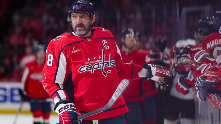 Alex Ovechkin #8 of the Washington Capitals celebrates with teammates after scoring his second goal of the game against the Philadelphia Flyers during the third period at Capital One Arena on March 31, 2026 in Washington, DC.