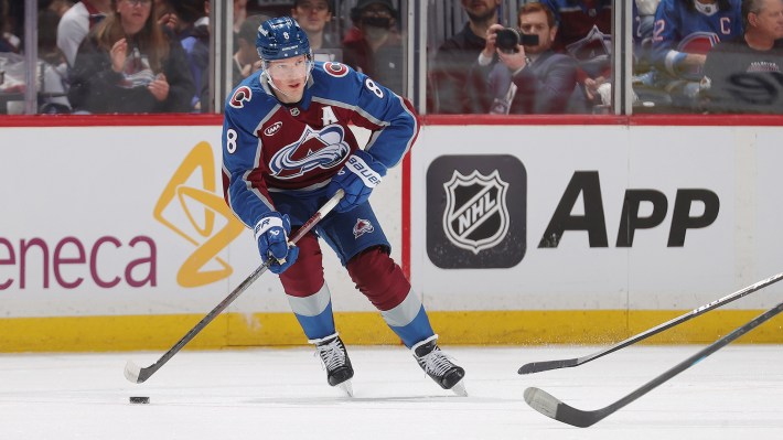 Cale Makar #8 of the Colorado Avalanche skates against the Los Angeles Kings in Game One of the First Round of the 2026 Stanley Cup Playoffs at Ball Arena on April 19, 2026 in Denver, Colorado.