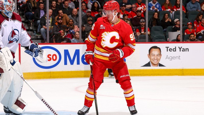 Victor Olofsson #95 of the Calgary Flames battles in front of the net against Mackenzie Blackwood #39 of the Colorado Avalanche at Scotiabank Saddledome on April 14, 2026 in Calgary, Alberta, Canada.